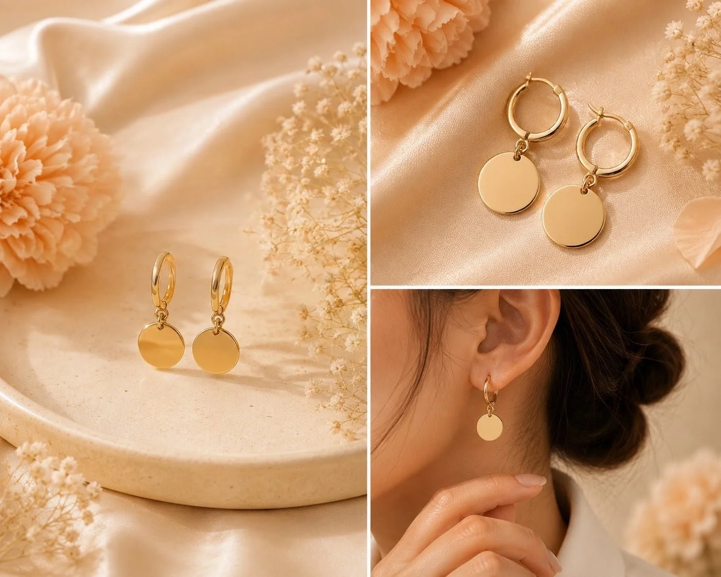 Gold Hoop Round Disc Charm Earrings